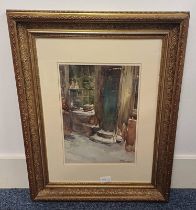 D MOORE THE BLUE DOORWAY SIGNED & DATED FRAMED WATERCOLOUR 34 X 24 CM