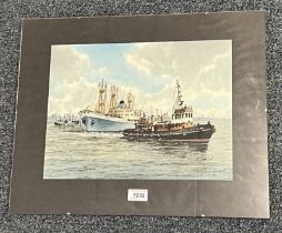GP WISEMAN 'BOATS LEAVING HARBOUR' SIGNED FRAMED WATERCOLOUR 27 CM X 37 CM