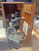 PRIOR LONDON MICROSCOPE WITH BLACK LACQUERED BRASS BODY MARKED 'BOWDEN ENTOMOLOGICAL RESEARCH FUND'