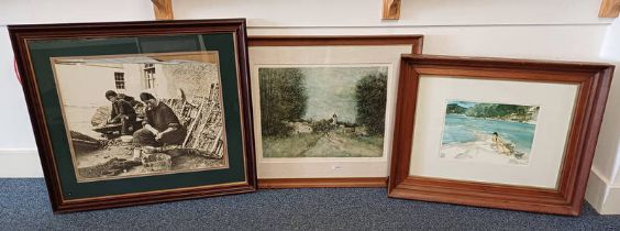 W RUSSELL FLINT, ADRIANNE AQUISTE, FRAMED PRINT, TOGETHER WITH FRAMED PICTURE OF A VILLAGE SCENE,