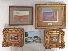 SELECTION OF PRINTS, ETC TO INCLUDE; BRIDGE INTO TOWN, UNFRAMED WATERCOLOUR, UNSIGNED,