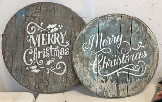 TWO WHISKY BARREL LIDS MARKED MERRY CHRISTMAS