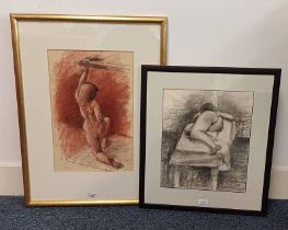 NUDE MODELS UNSIGNED 2 FRAMED CRAYON DRAWINGS LARGEST 48 X 31 CM