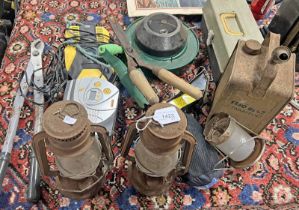 PAIR OF LANTERNS, ESSO BLUE PARAFFIN TIN, TOOLS IN BOX,