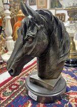 METAL SCULPTURE OF A HORSES HEAD SIGNED BARYE ON A HARDSTONE BASE 31CM TALL