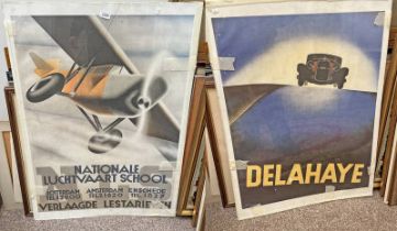 2 VINTAGE POSTERS 'DELAHAYE' IN BLUE AFTER ROGER PEROT TOGETHER WITH 'NATIOZALE LUCHTVAAVT SCHOOL'