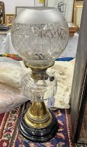 BRASS PARAFFIN LAMP WITH CLEAR GLASS RESERVOIR & ETCHED GLASS SHADE