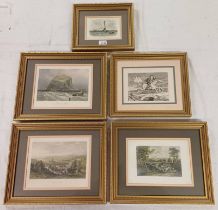 5 GILT FRAMED ENGRAVINGS INCLUDING BELL ROCK, TAM O'SHANTER THE BASS ROCK,