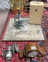 INLAID MAHOGANY MANTLE CLOCK, PANTHER BICYCLE LIGHT,