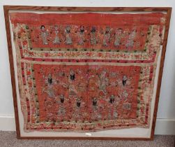 18TH OR 19TH CENTURY FRAMED CHINESE SILK PANEL, DECORATED WITH VARIOUS FIGURES, SILVER WIREWORK,