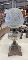 PARAFFIN LAMP WITH CLEAR GLASS RESERVOIR & ETCHED GLASS SHADE