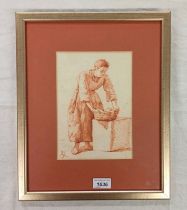 ABRAHAM RUYTENSCHILDT A WOMAN WITH BASKET MONOGRAMMED FRAMED RED CHALK DRAWING ON PAPER 22 X 15