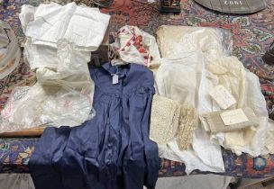 VARIOUS FABRIC & LACE TO INCLUDE LACE WITH HANDWRITTEN LABEL 'AUNT MARGARETS BRUSSELS LACE,