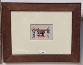 19TH CENTURY CHINESE WATERCOLOUR ON SILK OF TWO MAN CARRYING A CEREMONIAL BULLOCK - 10 X 14CM