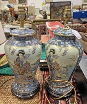 PAIR OF ORIENTAL VASE TABLE LAMPS WITH FLORAL & FIGURAL SCENES 43CM TALL