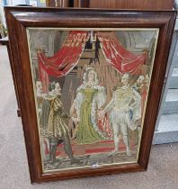 ROSEWOOD FRAMED NEEDLEWORK PICTURE OF ROYAL FIGURES, LABEL TO REVERSE,