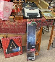 CARVED WOODEN FIGURES, TYPEWRITER, MIRROR, CHRISTMAS DECORATIONS,