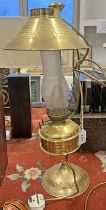 BRASS PARAFFIN LAMP ON STAND WITH SHADE,