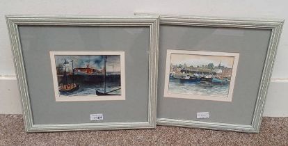 ROBERT CARGILL 1940-2001 ARBROATH HARBOUR SCENES BOTH SIGNED 2 FRAMED WATERCOLOURS 13 X 18 CM