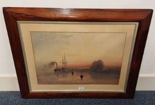 ROSEWOOD FRAMED WATERCOLOUR OF SHIPS AT SUNSET, UNSIGNED,