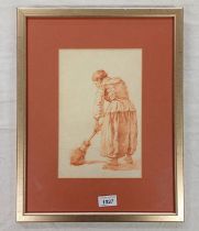 ATTRIBUTED TO ABRAHAM RUYTENSCHILDT A WOMAN SWEEPING FLOOR MONOGRAMMED FRAMED RED CHALK DRAWING ON