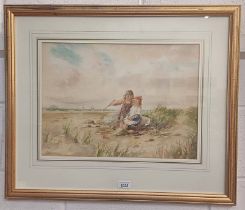 TOM PATERSON 2 GIRLS ON FORESHORE SIGNED LOWER LEFT WATERCOLOUR 36 X 49 CM