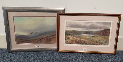 INDISTINCTLY SIGNED WATERCOLOUR, HIGHLAND SCENE WITH GROUSE IN FLIGHT, 24 X 35 CM,