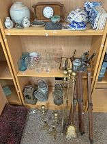 SELECTION OF ITEMS TO INCLUDE ORIENTAL BLUE AND WHITE VASE, TILES, BRASS FIRE IRONS,