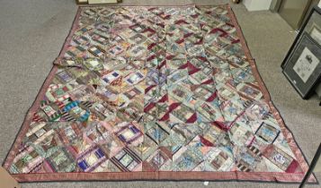 LARGE PATCH WORK QUILT, RED BORDER WITH BULLION THREADS,