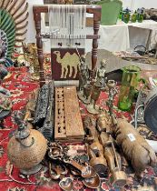 CARVED WOODEN TRIBAL FIGURES, CARVED WOOD RHINO, GOURD, ETC, BRASS TRIBAL FIGURES, LOOM,