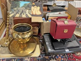 EPSON PRINTER, WOODEN CRATE, BRASS CANDLE STICK, BRASS POT,