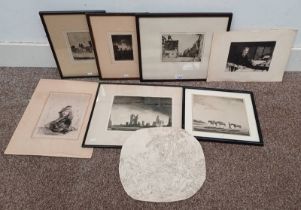 4 ETCHINGS BY D.Y. CAMERON TOGETHER WITH VARIOUS OTHER ETCHINGS AND AN UNSIGNED PENCIL DRAWING.
