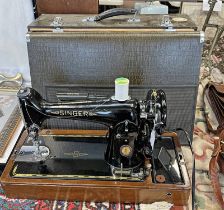 SINGER SEWING MACHINE WITH 'A CENTURY OF SEWING SERVICE' BADGE TO BODY, SERIAL EG292110,