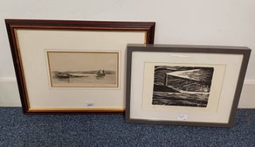 CHARLES GUSTAV PHILLIPS, FISHING BOATS POSSIBLY ON THE TAY, SIGNED, FRAMED ETCHING, 14 X 25 CM,