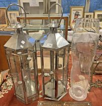 2 METAL & GLASS TEA LIGHT LANTERNS & A LARGE GLASS VASE -3-