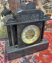 20TH CENTURY SLATE MANTLE CLOCK WITH CORINTHIAN COLUMNS AND GILT SURROUND TO FACE.