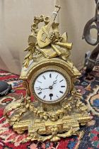 19TH CENTURY GILT METAL MANTLE CLOCK WITH WHITE ENAMEL DIAL & STAMPED P H MOUREY TO REAR