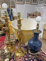 PAIR OF BRASS TABLE LAMPS, BLUE PORCELAIN TABLE LAMP,