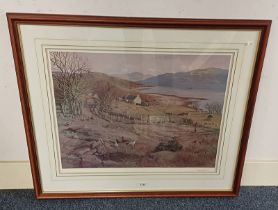 DONALD SHEARER 'WATERSIDE FARM' FRAMED PRINT SIGNED LOWER RIGHT 48 X 62 CM