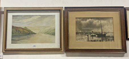 FRAMED CHARCOAL DRAWING OF FISHING BOAT SIGNED, N MEREDITH & FRAMED WATERCOLOUR OF LOCH SCENE,