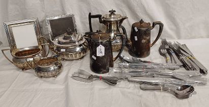 4 PIECE SILVER PLATED TEASET, CUTLERY, PHOTO FRAMES,