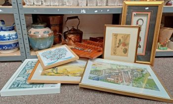 WALL BRACKET WITH SPOONS, LARGE COPPER KETTLE, VARIOUS WATERCOLOURS & OTHER PICTURES,