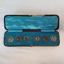 CASED SET OF 6 SILVER ART NOUVEAU BUTTONS WITH PIERCED FIGURAL DECORATION BY LEVI & SOLOMAN,