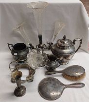 SILVER PLATED 3 PIECE TEASET, SILVER BACKED MIRROR & BRUSH SILVER PLATED & GLASS EPERGNE,