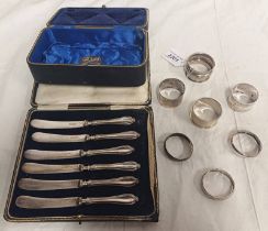 CASED SILVER HANDLED BUTTER KNIVES & SILVER NAPKIN RINGS