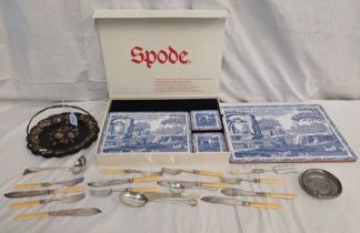 SPODE BLUE & WHITE PLACEMAT & COASTER SET WITH COUNTRYSIDE SCENE, BOXED,