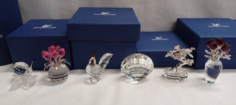 6 BOXED SWAROVSKI CRYSTAL FIGURES; FLOWERS DREAM BONSAI, RED ROSES, ROSE TULIPS & SCALLOP,