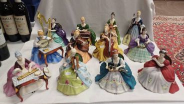 12 ROYAL DOULTON MUSICAL FIGURES - VIOLA D'AMORE HN2797, DULCIMER HN2798, LUTE HN2431, HARP HN2482,