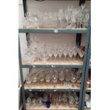 EXCELLENT SELECTION OF GLASSWARE TO INCLUDE 2 CUT GLASS DECANTERS, WATERFORD CRYSTAL CUT GLASS VASE,