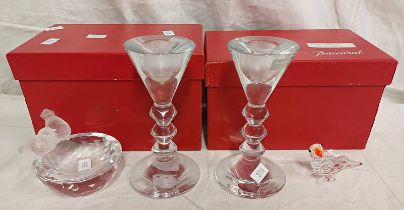 PAIR OF BOXED BACCARAT GLASS CANDLE HOLDERS, 13.